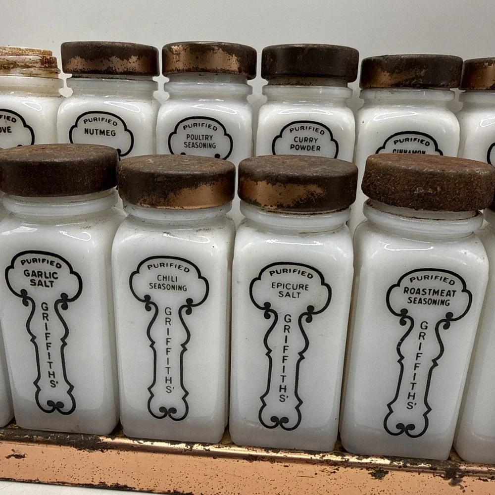 Griffith Milk Glass Black Spice Jar Set, 16 Jars w/ Metal Lids and Rack